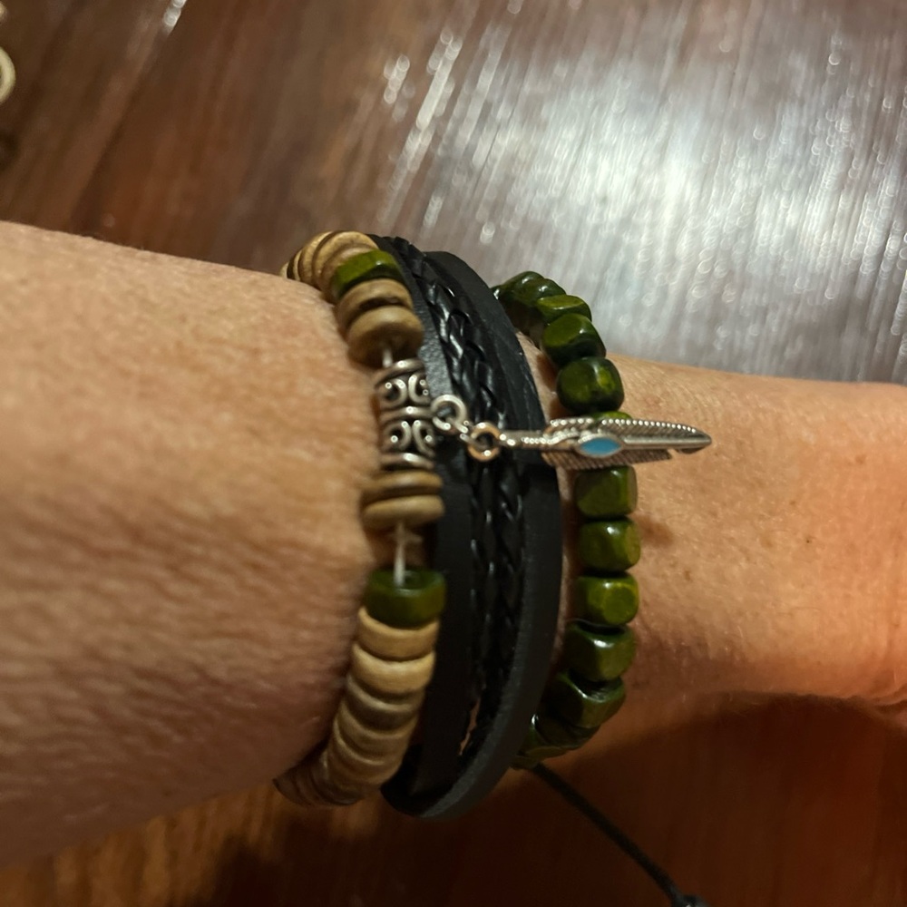 3 Pieces Green and Brown Wood Beaded Bracelet And Black Leather Set